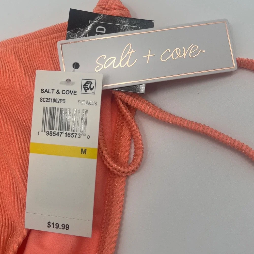 Salt + Cove Peach Ribbed Metallic Side Tie Bikini Bottom SC251002PB Medium